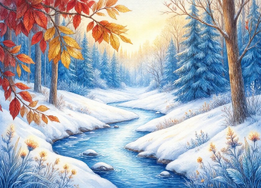Watercolor Winter Stream